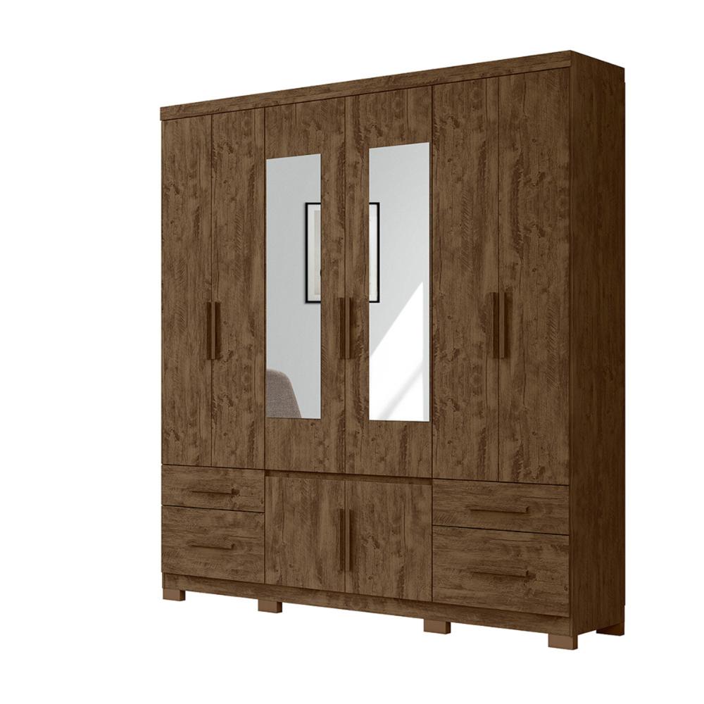 Guarda Roupa Casal 6 portas com espelho 4 gavetas Castanho Wood Porto Plus - Moval
