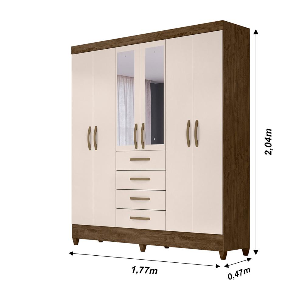 Guarda Roupa Casal 6 portas com espelho 4 gavetas New Avaí - Castanho Wood / Baunilha