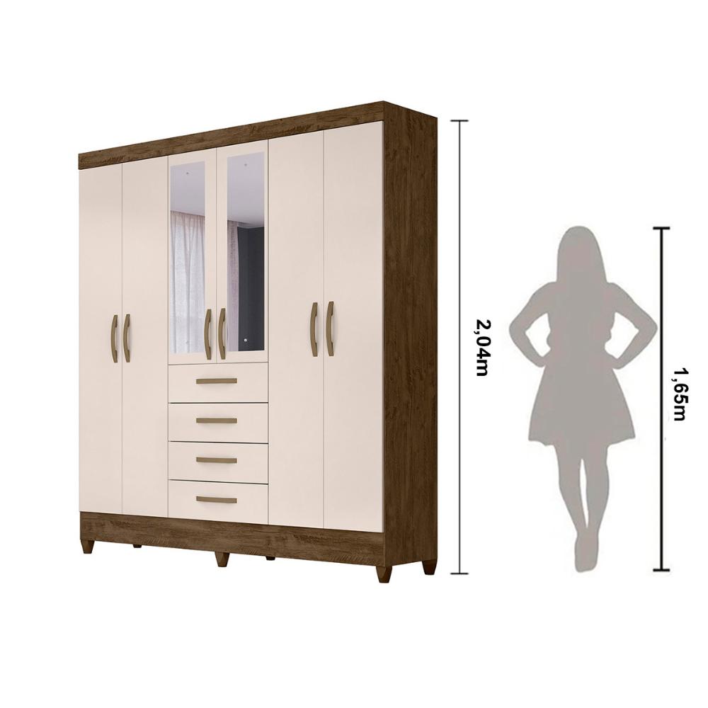 Guarda Roupa Casal 6 portas com espelho 4 gavetas New Avaí - Castanho Wood / Baunilha