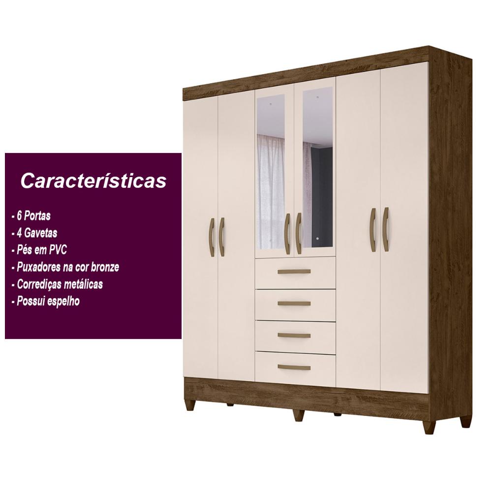 Guarda Roupa Casal 6 portas com espelho 4 gavetas New Avaí - Castanho Wood / Baunilha