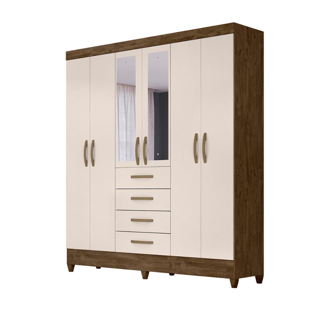 Guarda Roupa Casal 6 portas com espelho 4 gavetas New Avaí - Castanho Wood / Baunilha