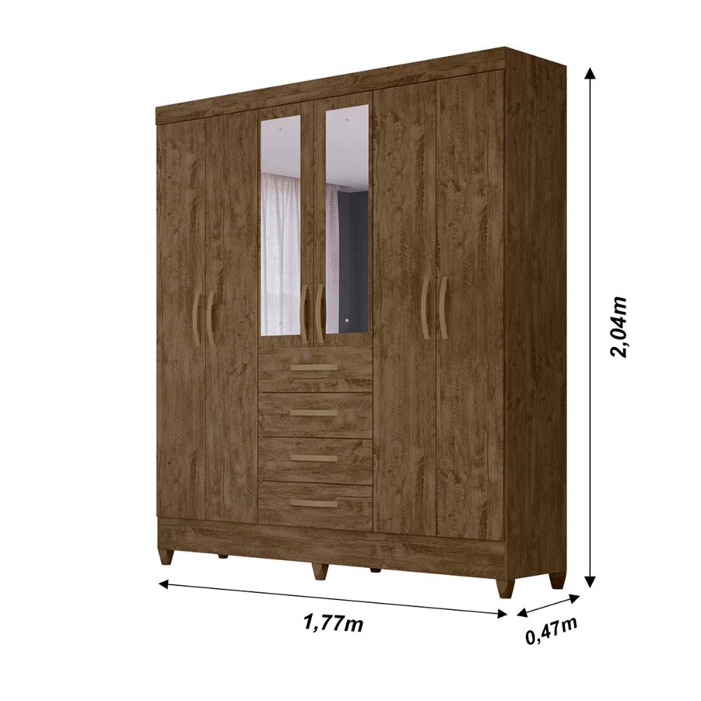 Guarda Roupa Casal 6 portas com espelho 4 gavetas New Avaí - Castanho Wood