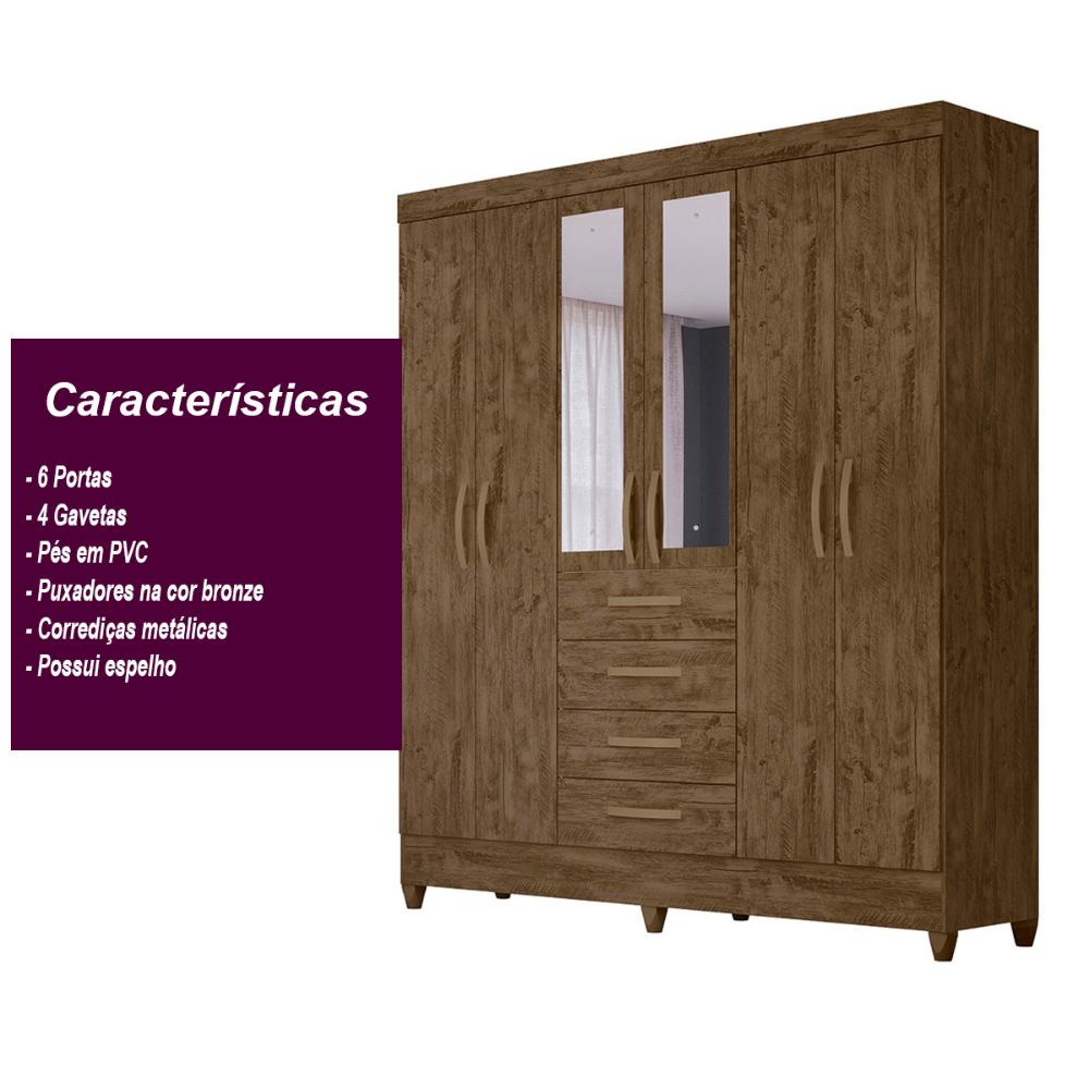 Guarda Roupa Casal 6 portas com espelho 4 gavetas New Avaí - Castanho Wood