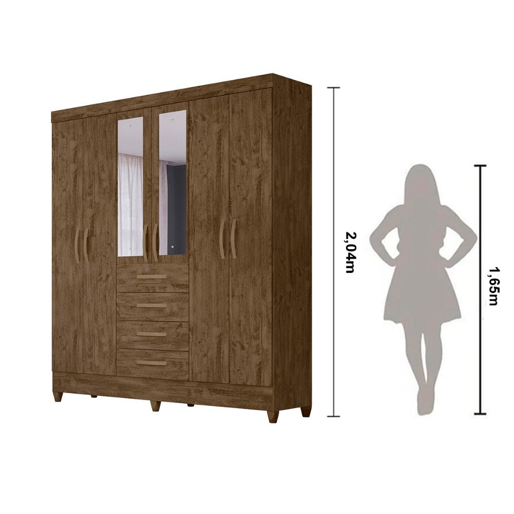 Guarda Roupa Casal 6 portas com espelho 4 gavetas New Avaí - Castanho Wood