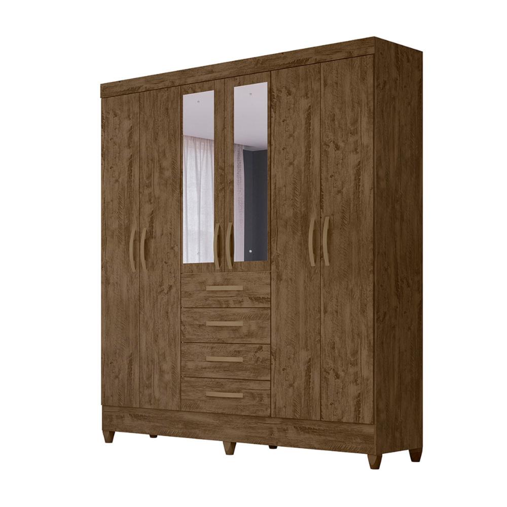 Guarda Roupa Casal 6 portas com espelho 4 gavetas New Avaí - Castanho Wood