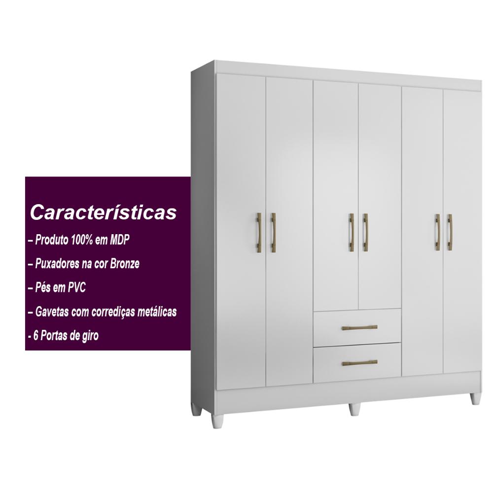 Guarda Roupa Casal 6 portas e 2 gavetas Branco Panamá - Moval