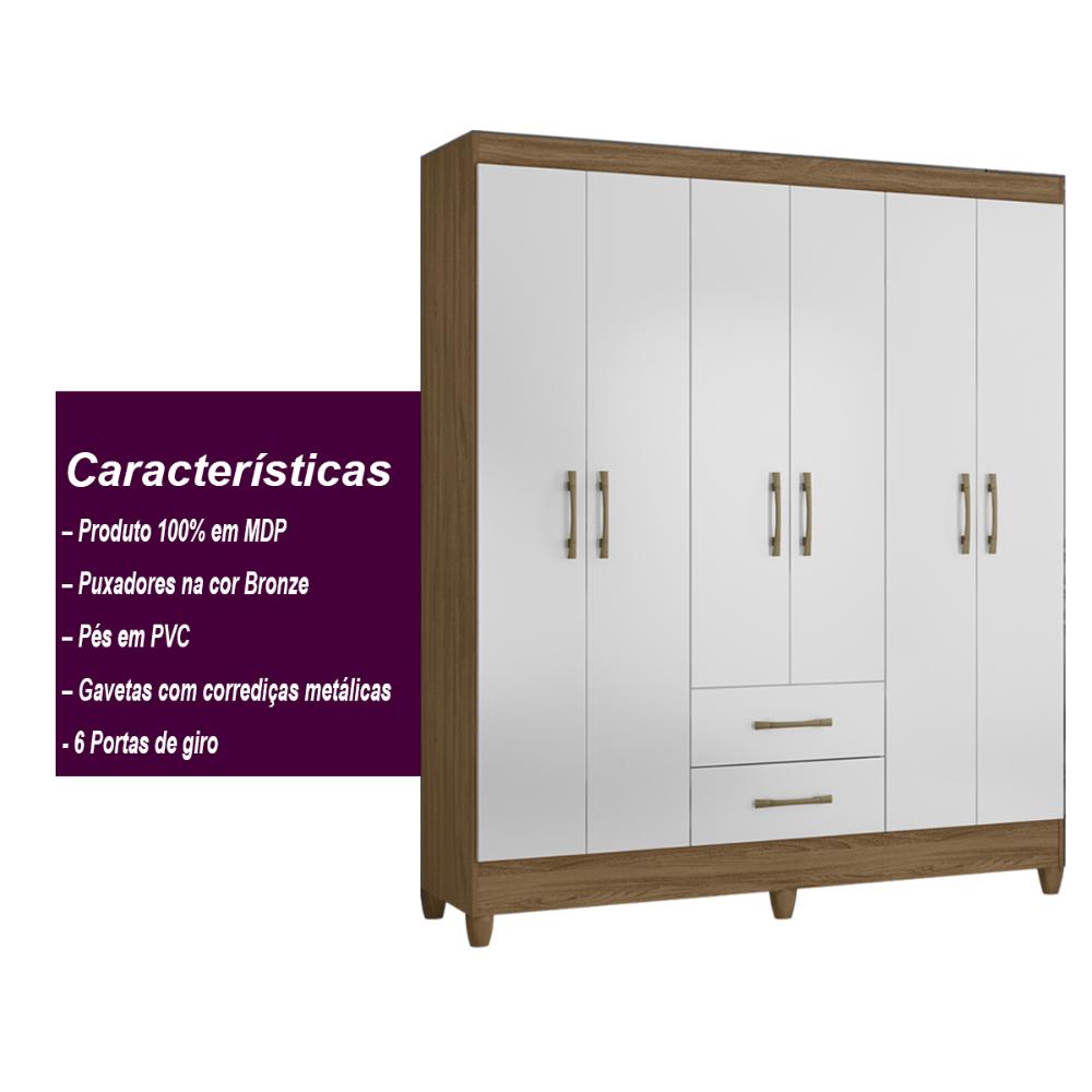 Guarda Roupa Casal 6 portas e 2 gavetas Panamá - Naturale / Branco