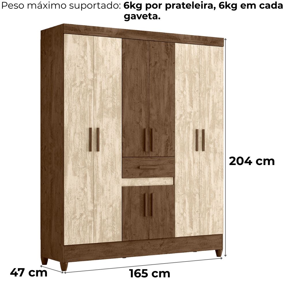 Guarda Roupa Casal 6P 165 cm Portugal Castanho Wood Avela Wood Moval 
