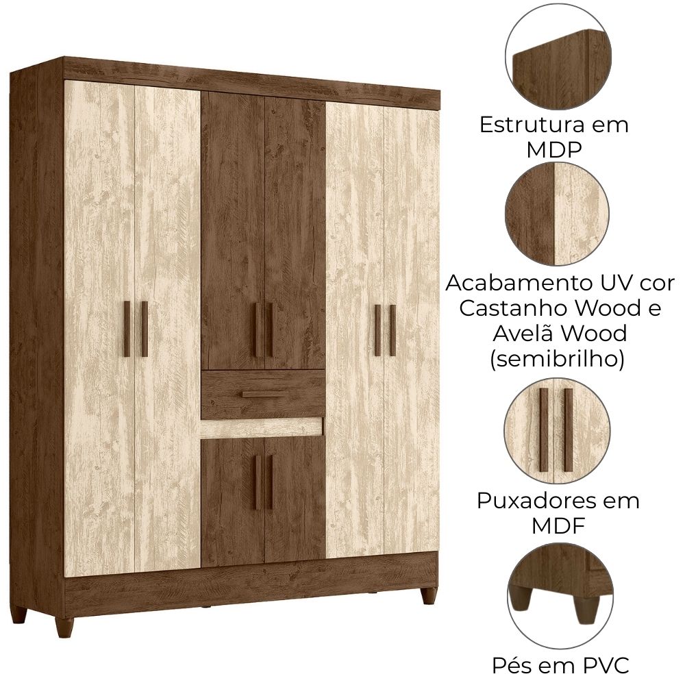 Guarda Roupa Casal 6P 165 cm Portugal Castanho Wood Avela Wood Moval 