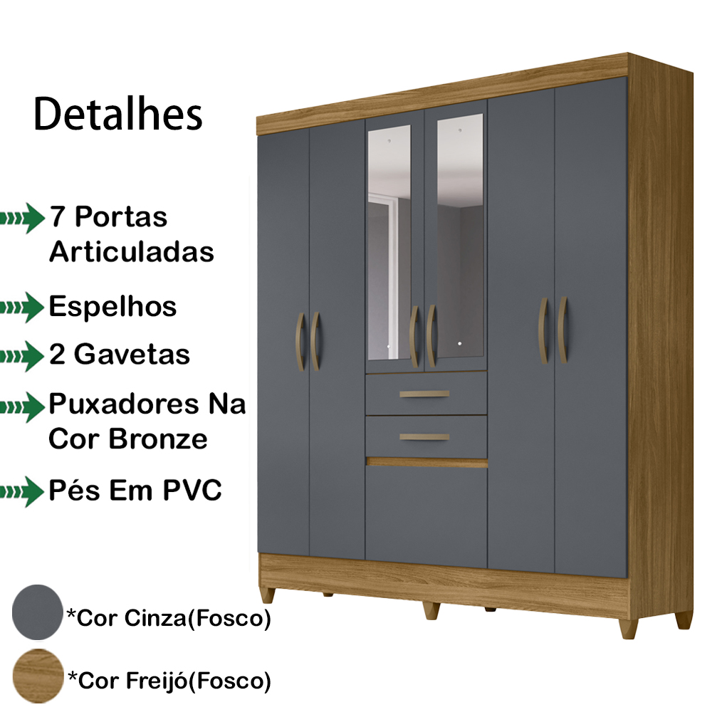 Guarda Roupa Casal 7 Portas Com Espelho 8970 Freijo Cinza Moval