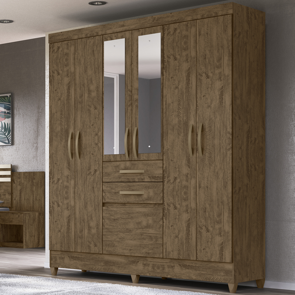 Guarda Roupa Casal 7 Portas Com Espelho 8973 Castanho Wood Moval