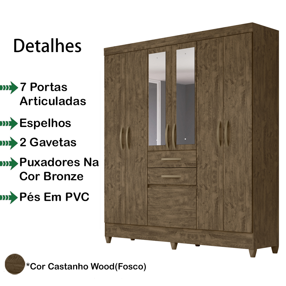 Guarda Roupa Casal 7 Portas Com Espelho 8973 Castanho Wood Moval