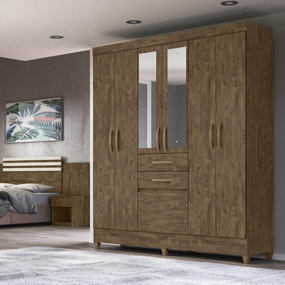 Guarda Roupa Casal 7 Portas Com Espelho 8973 Castanho Wood Moval