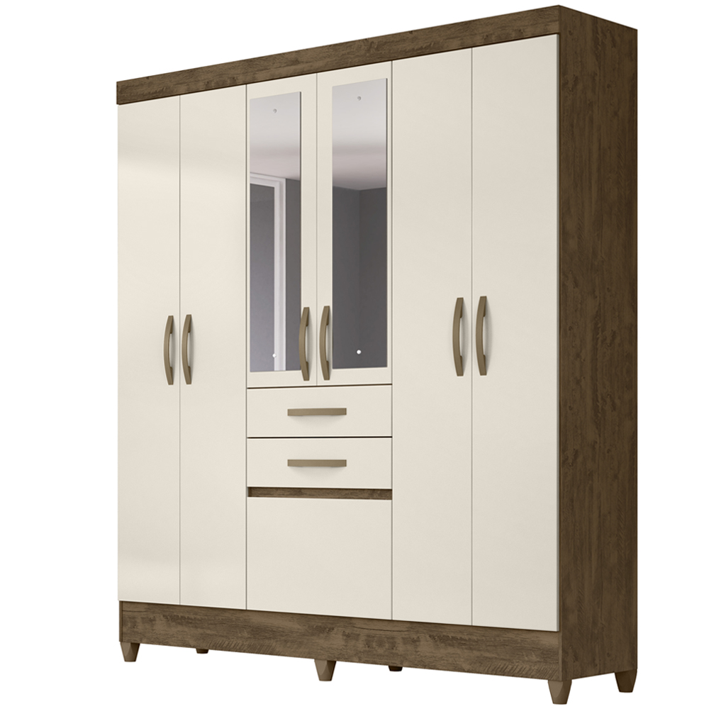Guarda Roupa Casal 7 Portas Com Espelho 8973 Castanho Wood Off White Moval