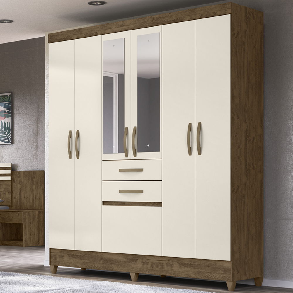 Guarda Roupa Casal 7 Portas Com Espelho 8973 Castanho Wood Off White Moval