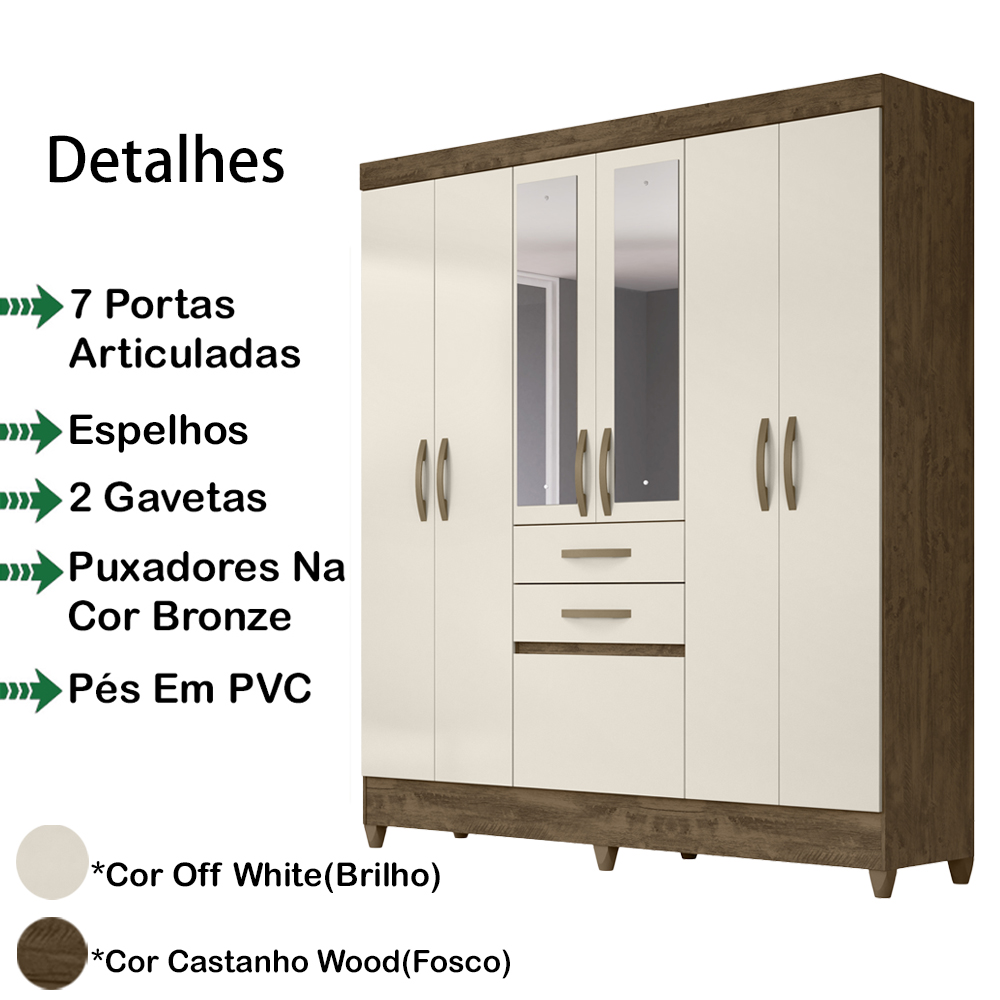 Guarda Roupa Casal 7 Portas Com Espelho 8973 Castanho Wood Off White Moval