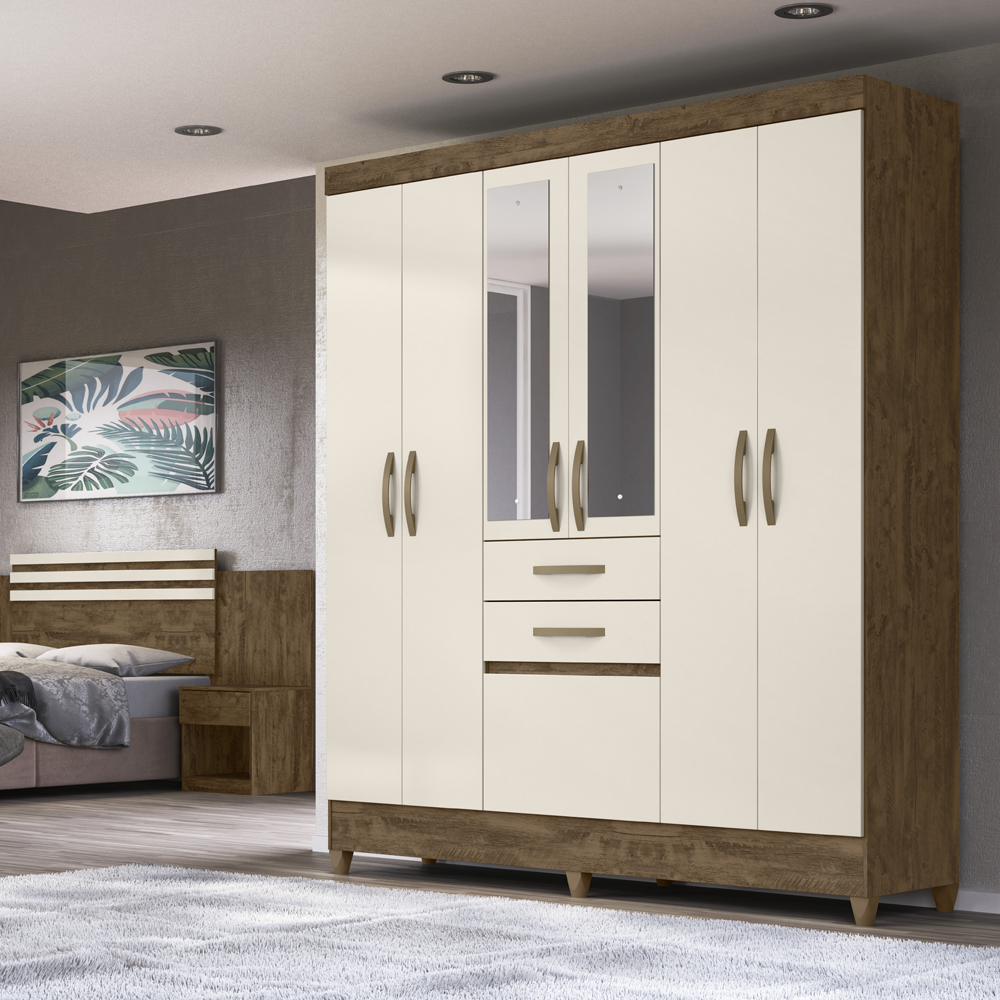 Guarda Roupa Casal 7 Portas Com Espelho 8973 Castanho Wood Off White Moval