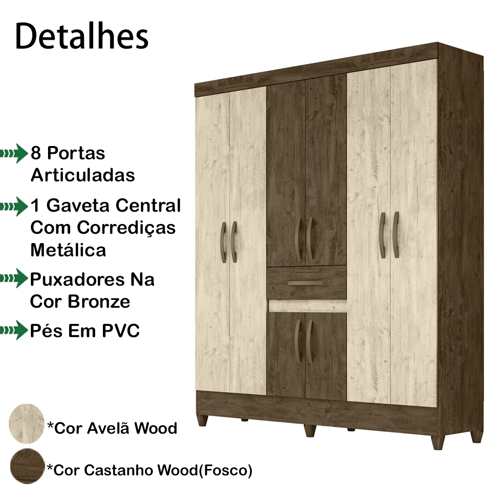 Guarda Roupa Casal 8 Portas 8358 Castanho Wood Avela Wood Moval