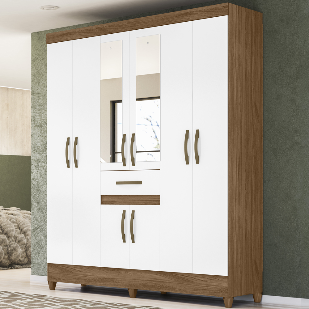 Guarda Roupa Casal 8 Portas Com Espelho 8350 Naturale Branco Moval