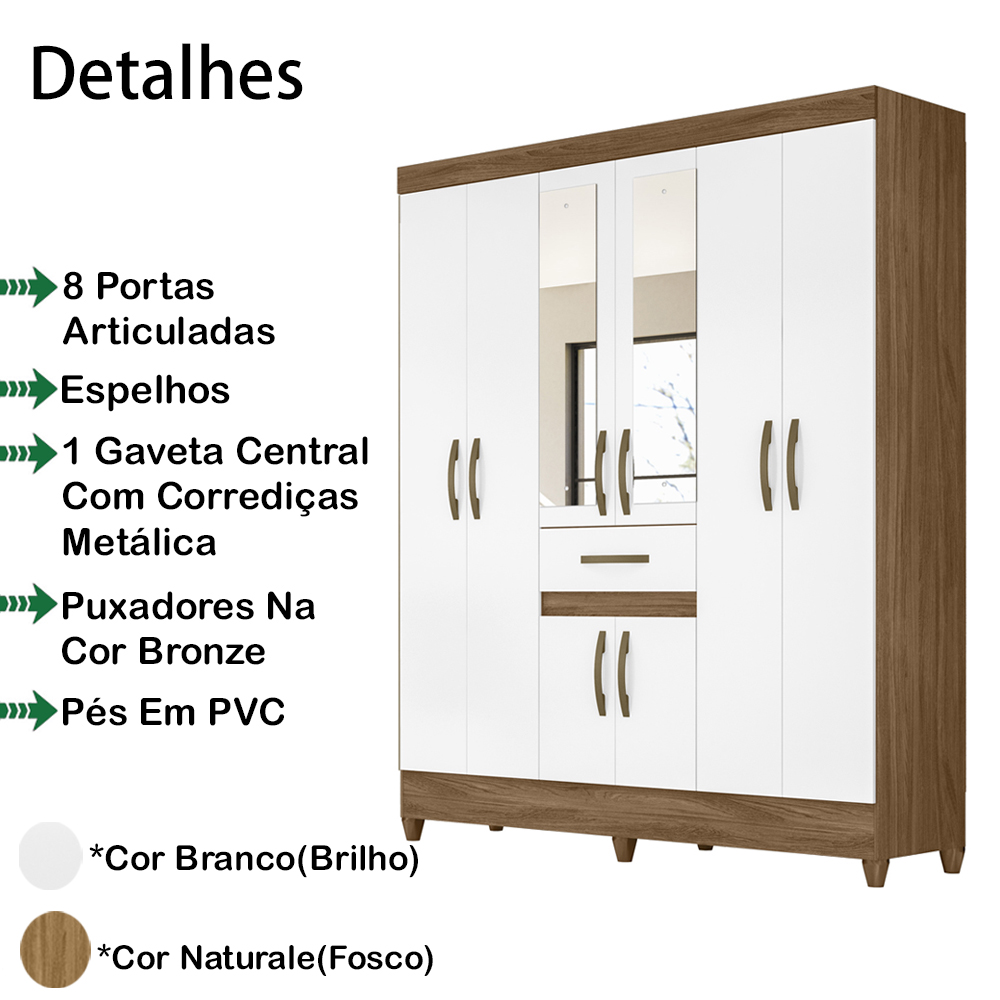 Guarda Roupa Casal 8 Portas Com Espelho 8350 Naturale Branco Moval