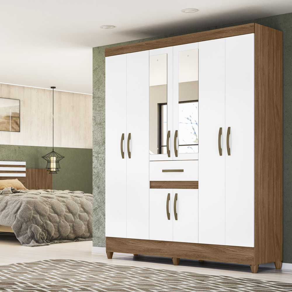 Guarda Roupa Casal 8 Portas Com Espelho 8350 Naturale Branco Moval