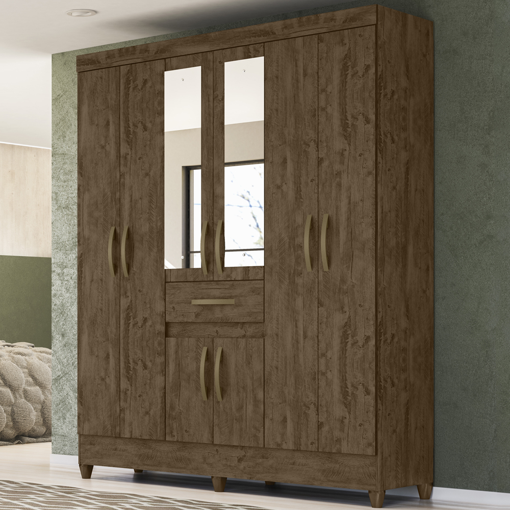 Guarda Roupa Casal 8 Portas Com Espelho 8353 Castanho Wood Moval