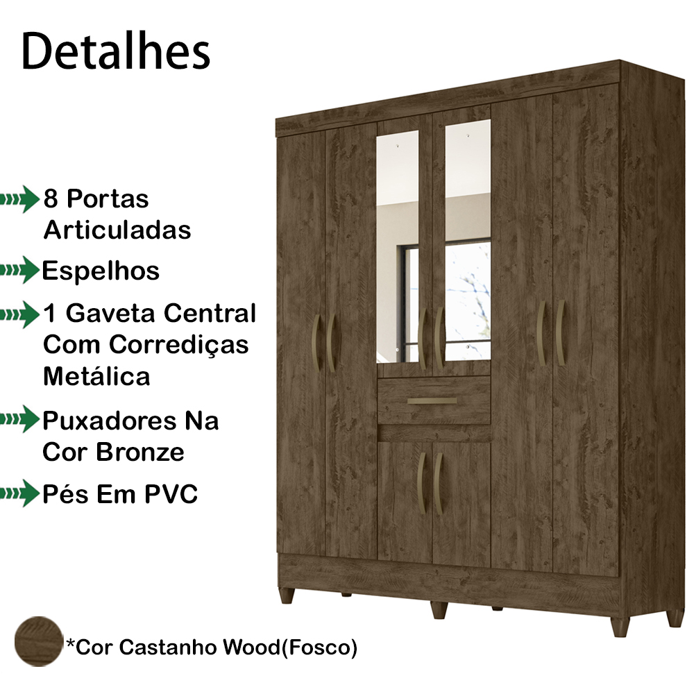 Guarda Roupa Casal 8 Portas Com Espelho 8353 Castanho Wood Moval