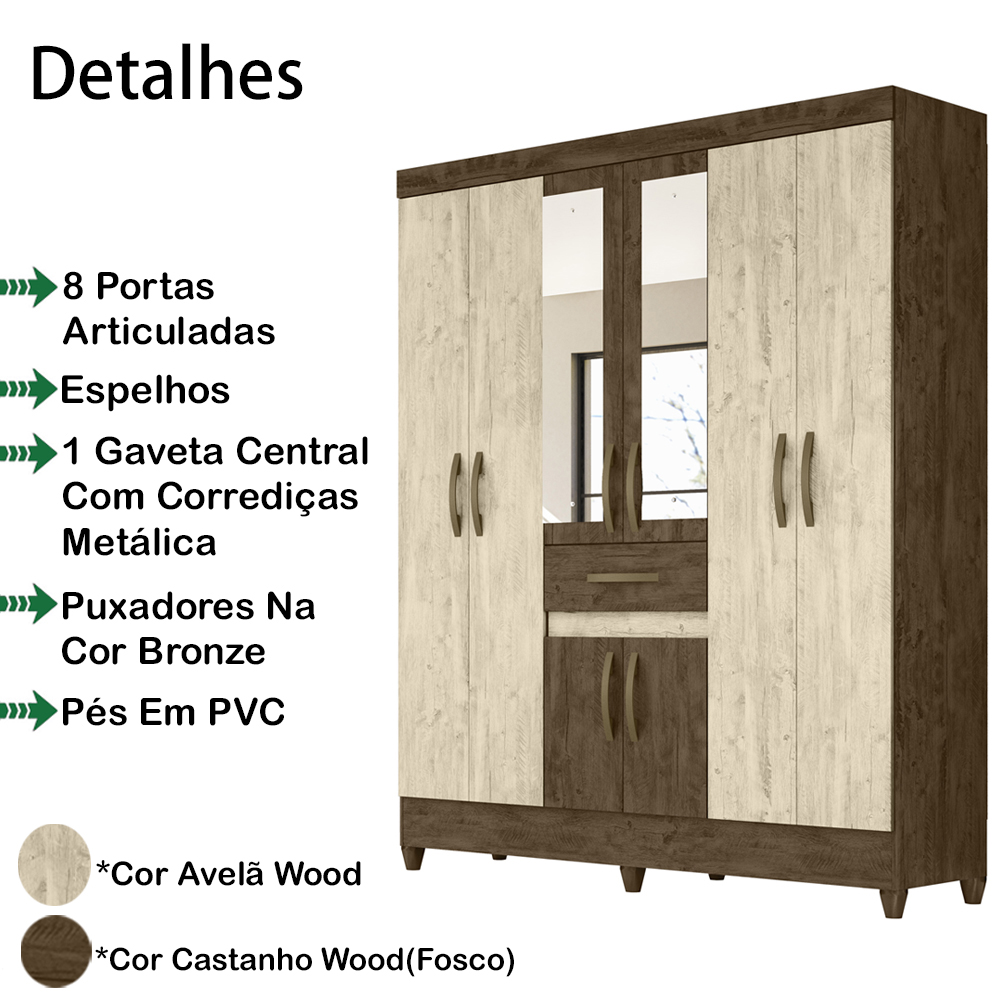 Guarda Roupa Casal 8 Portas Com Espelho 8358 Castanho Wood Avela Wood Moval