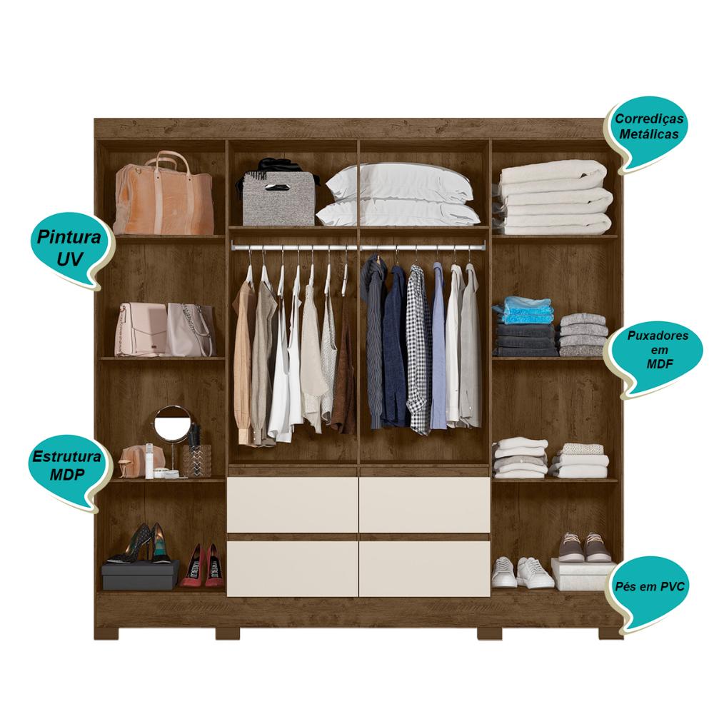 Guarda Roupa Casal 8 Portas com 4 gavetas Belem - Castanho Wood / Off White