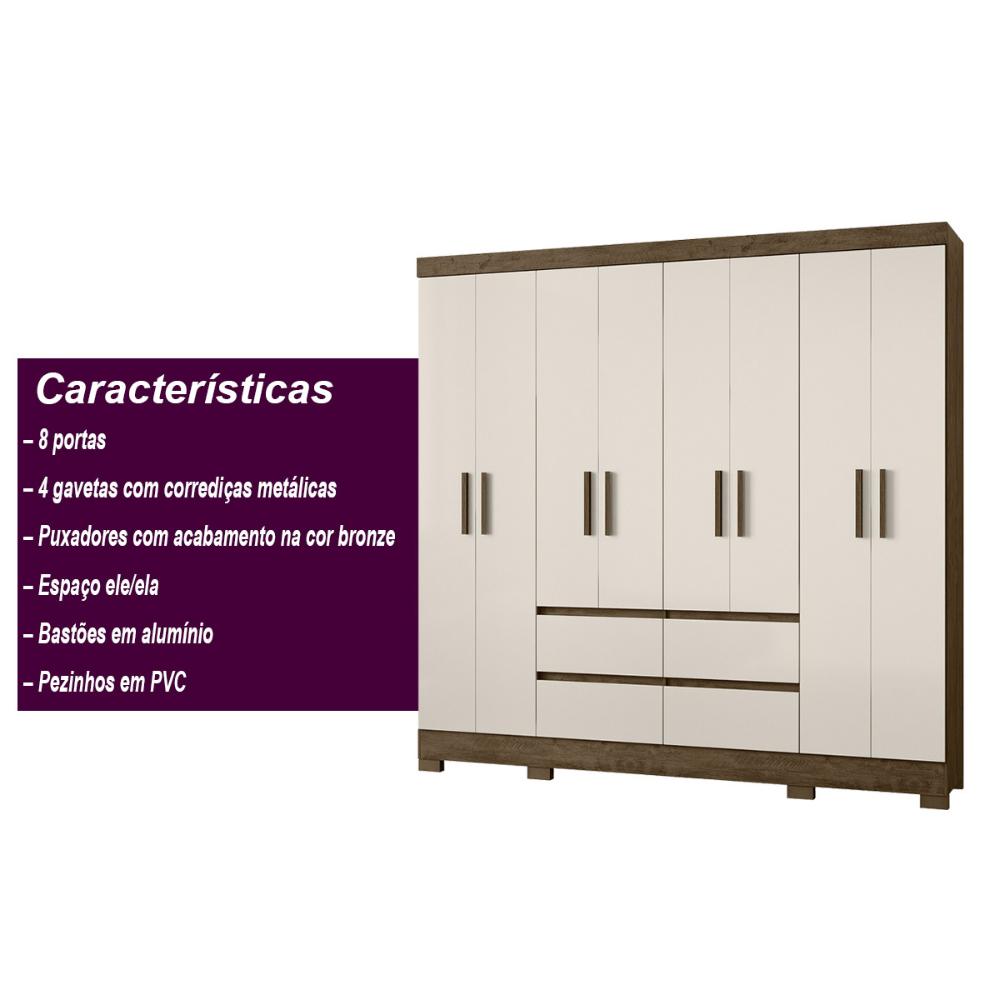 Guarda Roupa Casal 8 Portas com 4 gavetas Belem - Castanho Wood / Off White