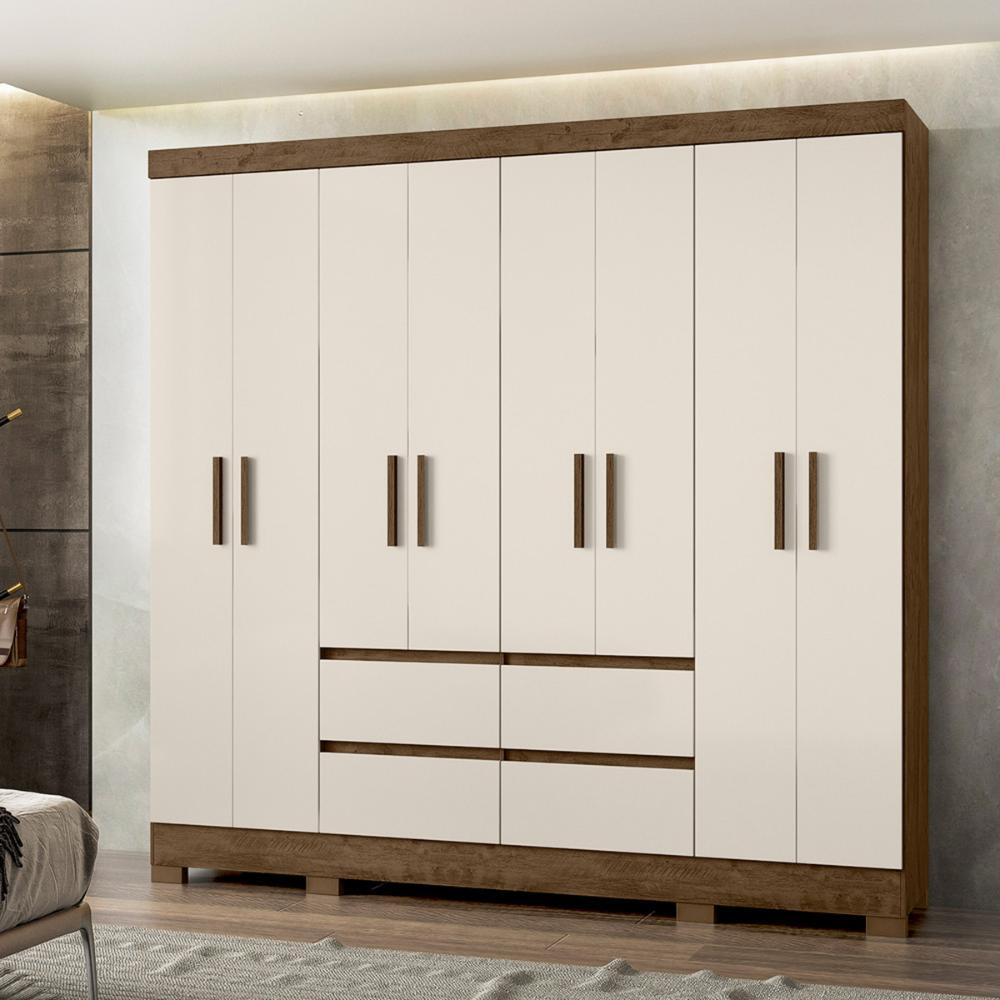 Guarda Roupa Casal 8 Portas com 4 gavetas Castanho Wood / Off White Belem - Moval