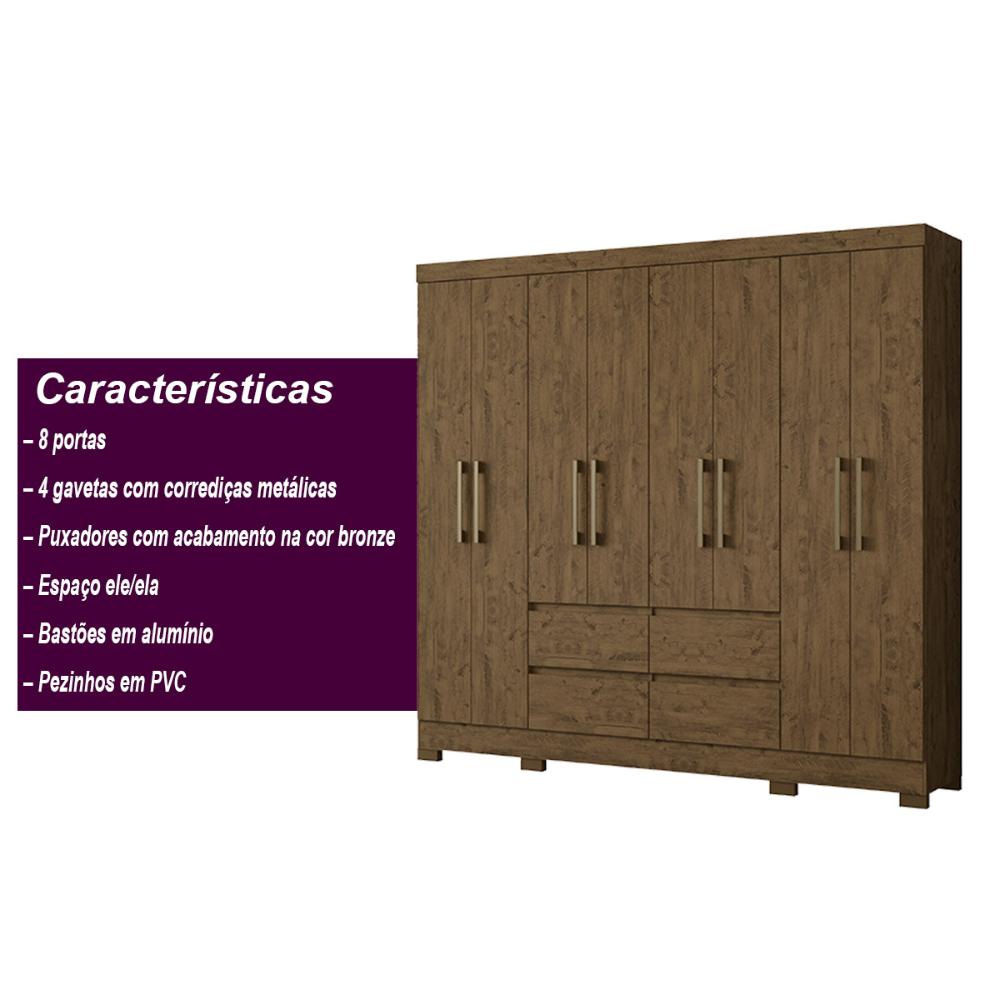 Guarda Roupa Casal 8 Portas com 4 gavetas Castanho Wood Belem - Moval