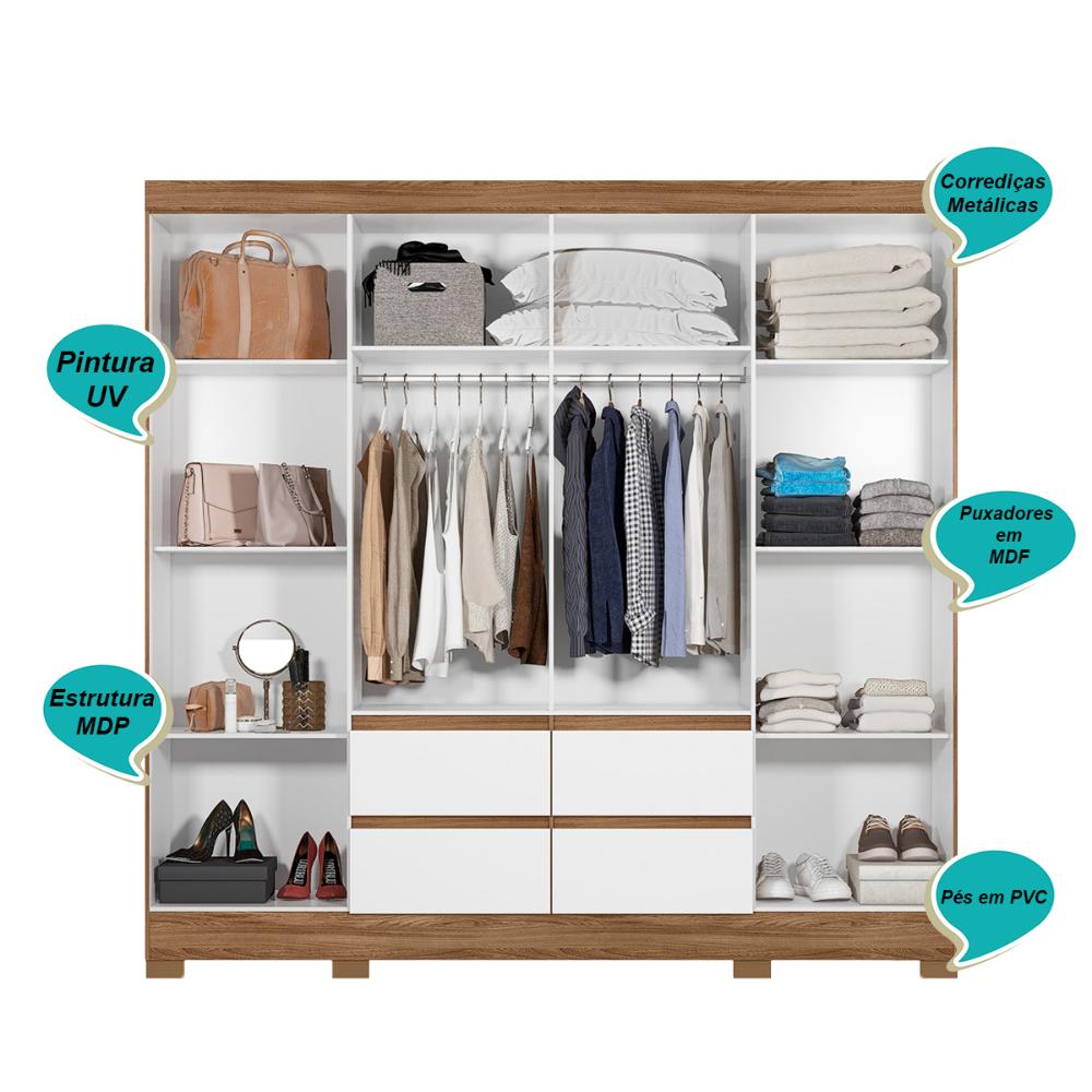 Guarda Roupa Casal 8 Portas com 4 gavetas Naturale / Branco Belem - Moval