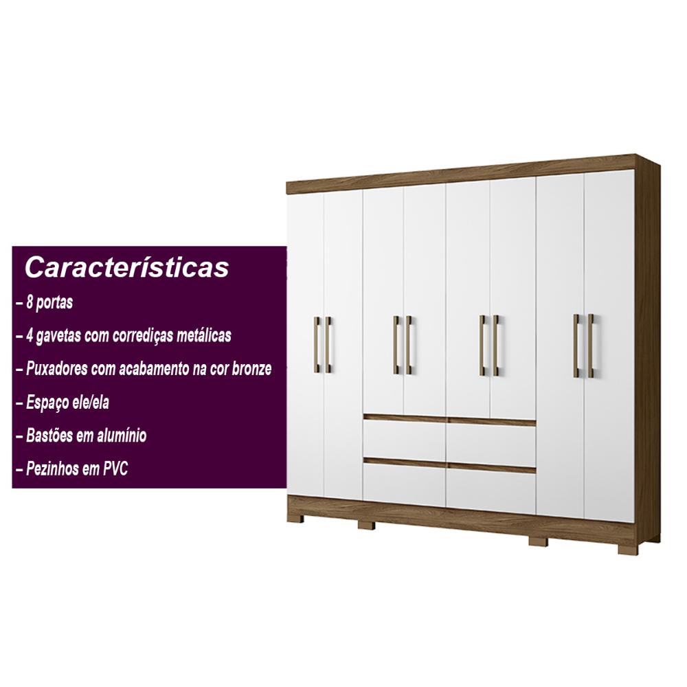 Guarda Roupa Casal 8 Portas com 4 gavetas Naturale / Branco Belem - Moval