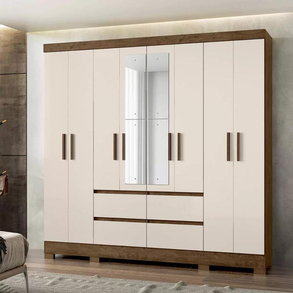 Guarda Roupa Casal 8 Portas com Espelho e 4 gavetas Belem - Castanho Wood / Off White