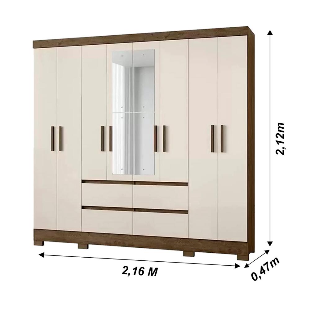 Guarda Roupa Casal 8 Portas com Espelho e 4 gavetas Belem - Castanho Wood / Off White