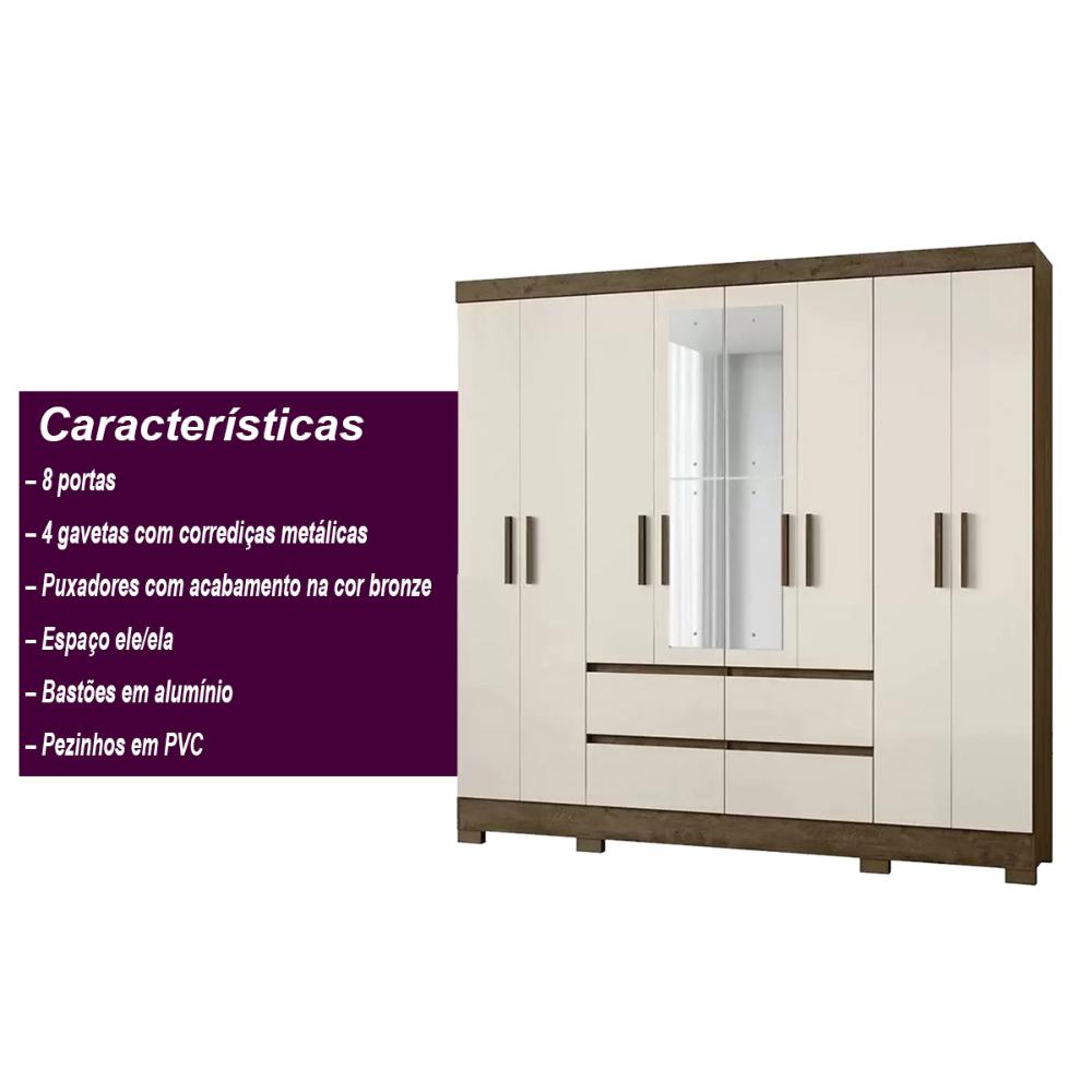Guarda Roupa Casal 8 Portas com Espelho e 4 gavetas Belem - Castanho Wood / Off White