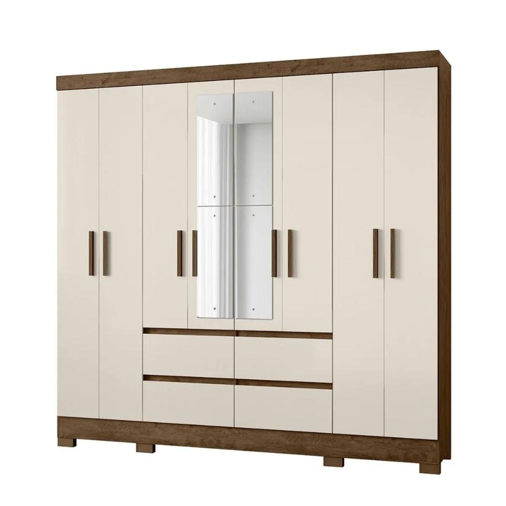 Guarda Roupa Casal 8 Portas com Espelho e 4 gavetas Belem - Castanho Wood / Off White
