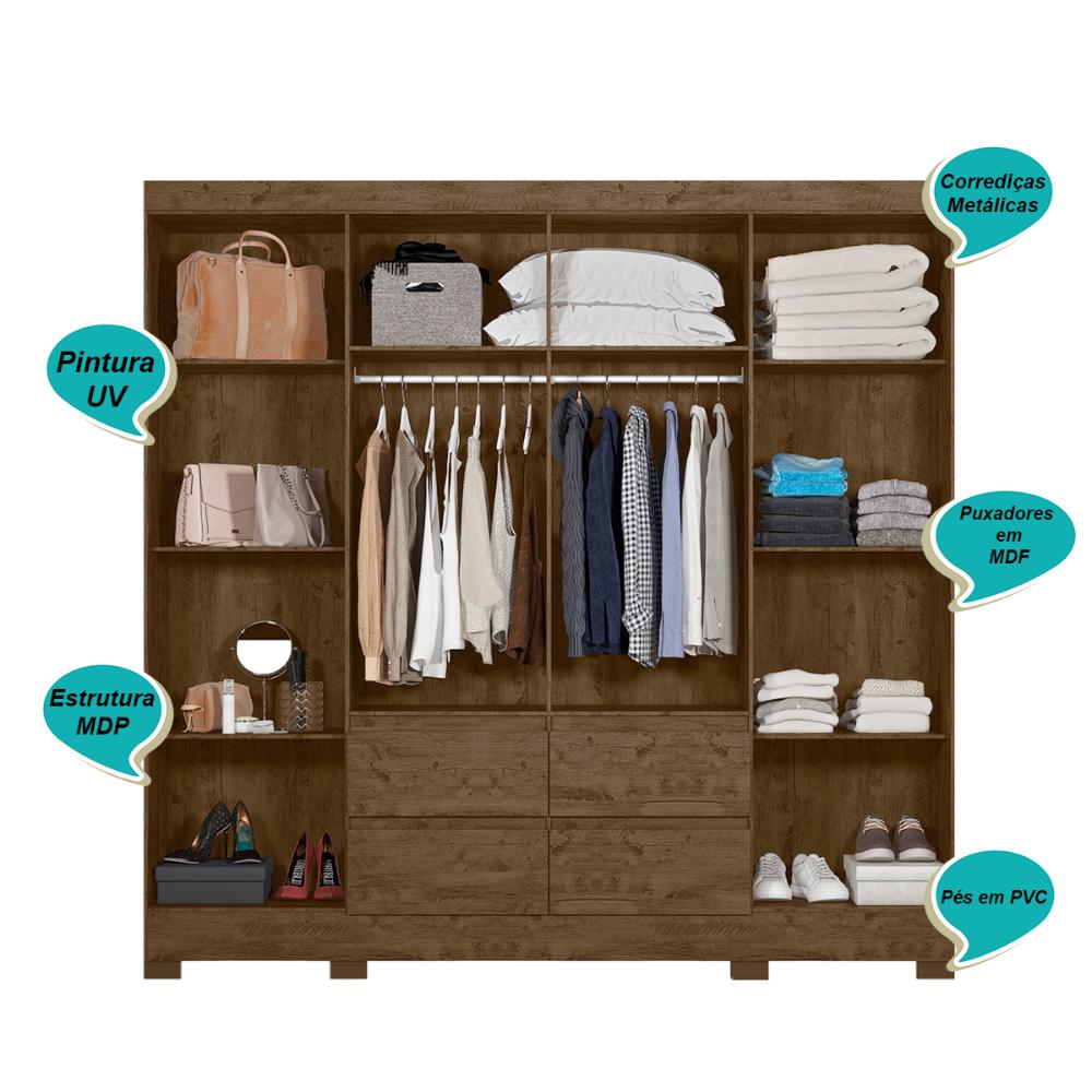 Guarda Roupa Casal 8 Portas com Espelho e 4 gavetas Belem - Castanho Wood