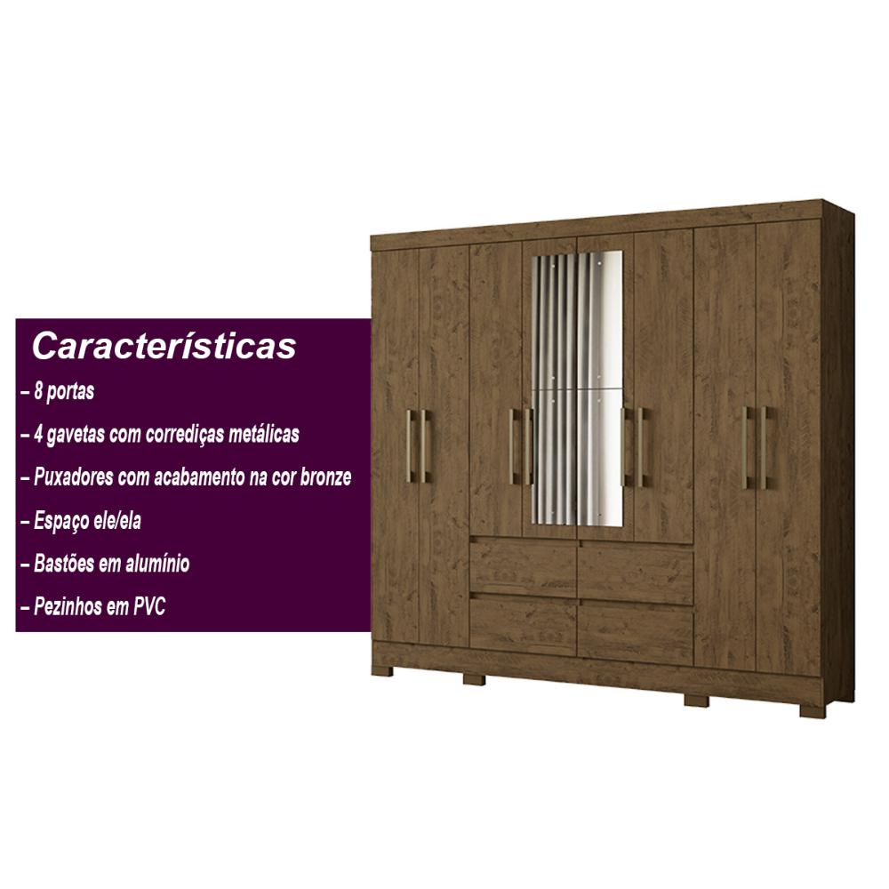 Guarda Roupa Casal 8 Portas com Espelho e 4 gavetas Belem - Castanho Wood