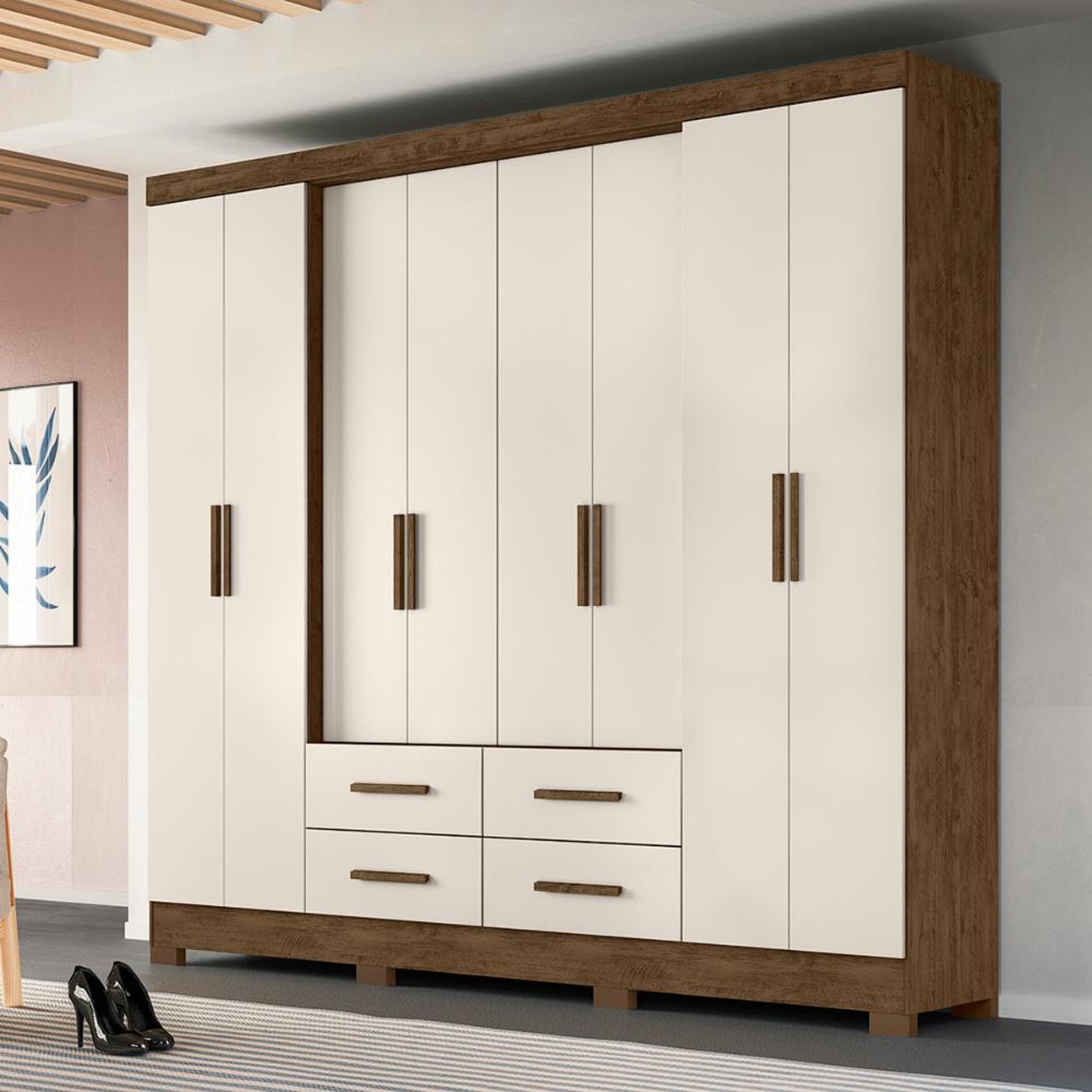 Guarda Roupa Casal 8 portas 4 gavetas Castanho Wood / Baunilha San Lorenzo Plus - Moval