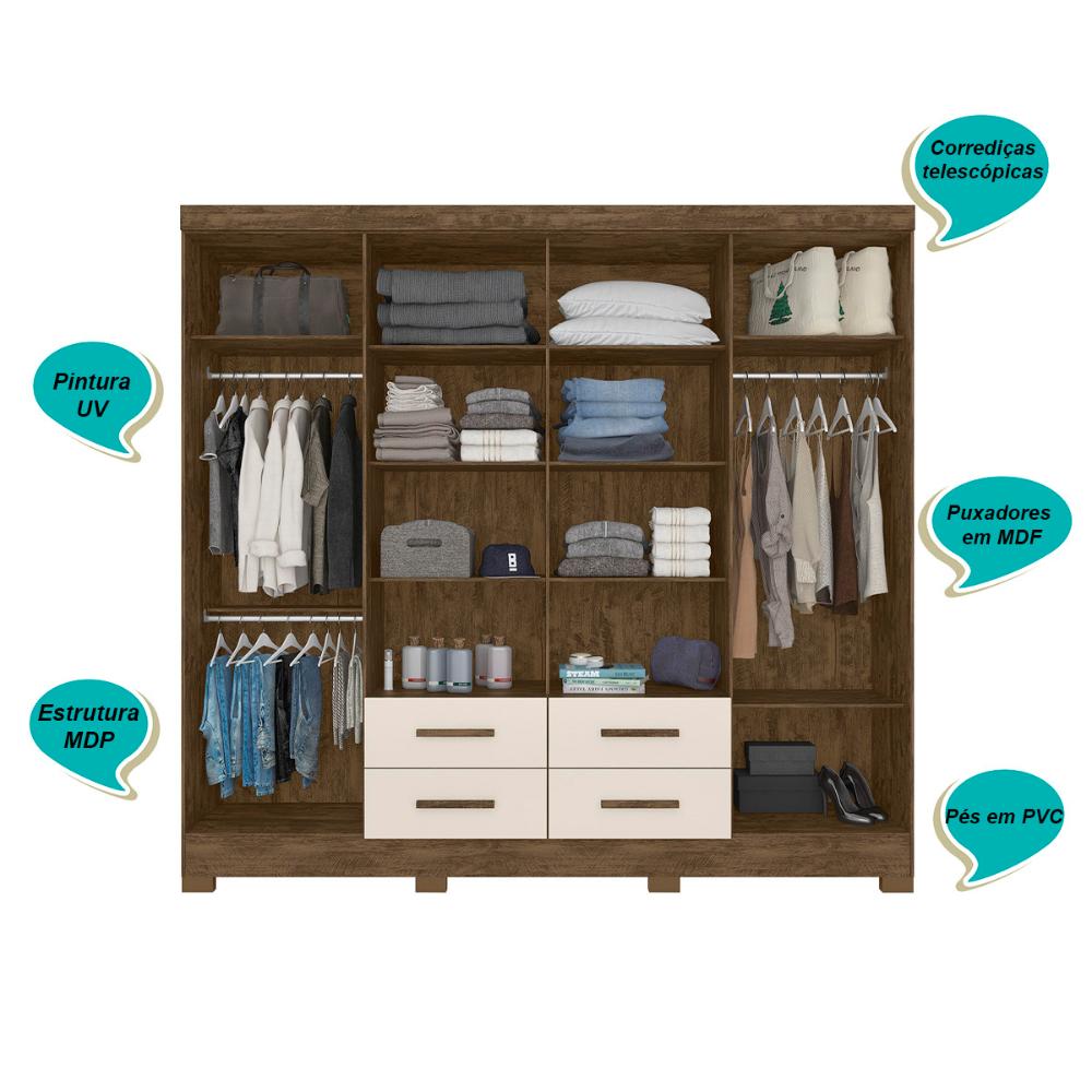 Guarda Roupa Casal 8 portas 4 gavetas Castanho Wood / Baunilha San Lorenzo Plus - Moval