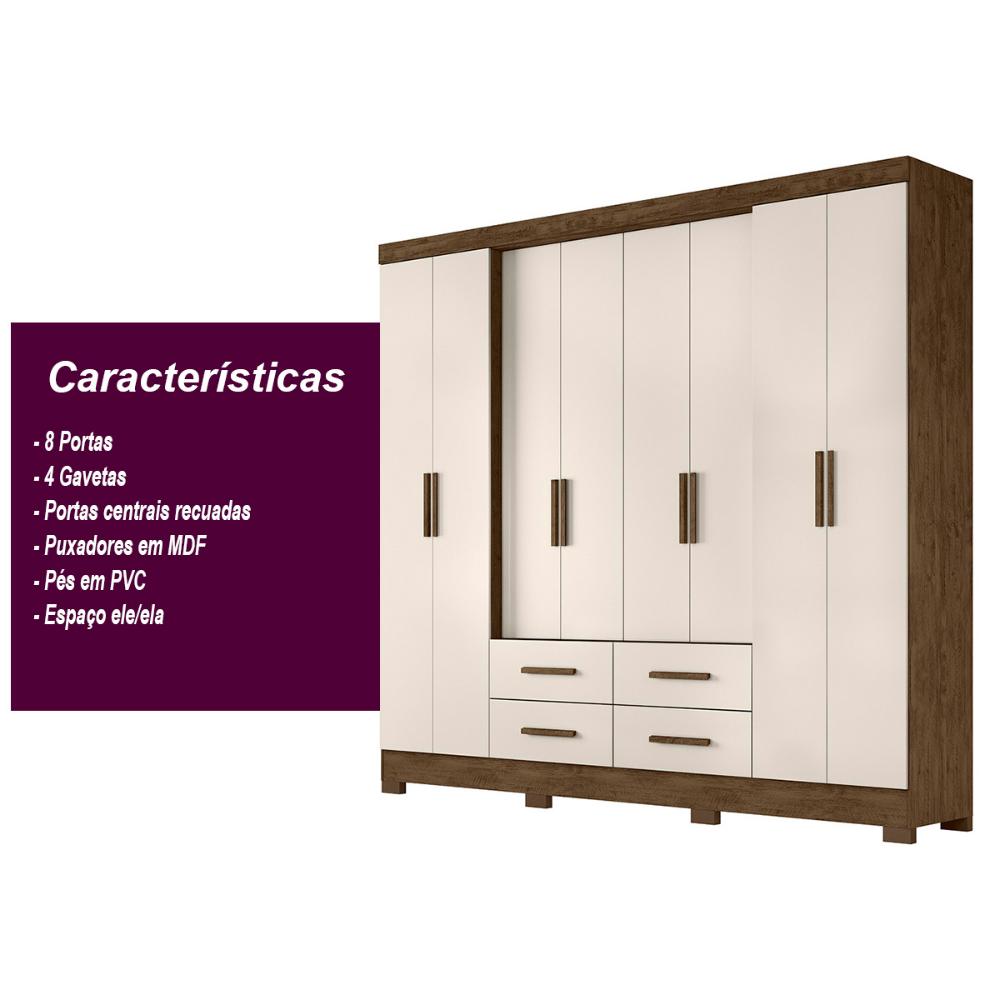 Guarda Roupa Casal 8 portas 4 gavetas Castanho Wood / Baunilha San Lorenzo Plus - Moval