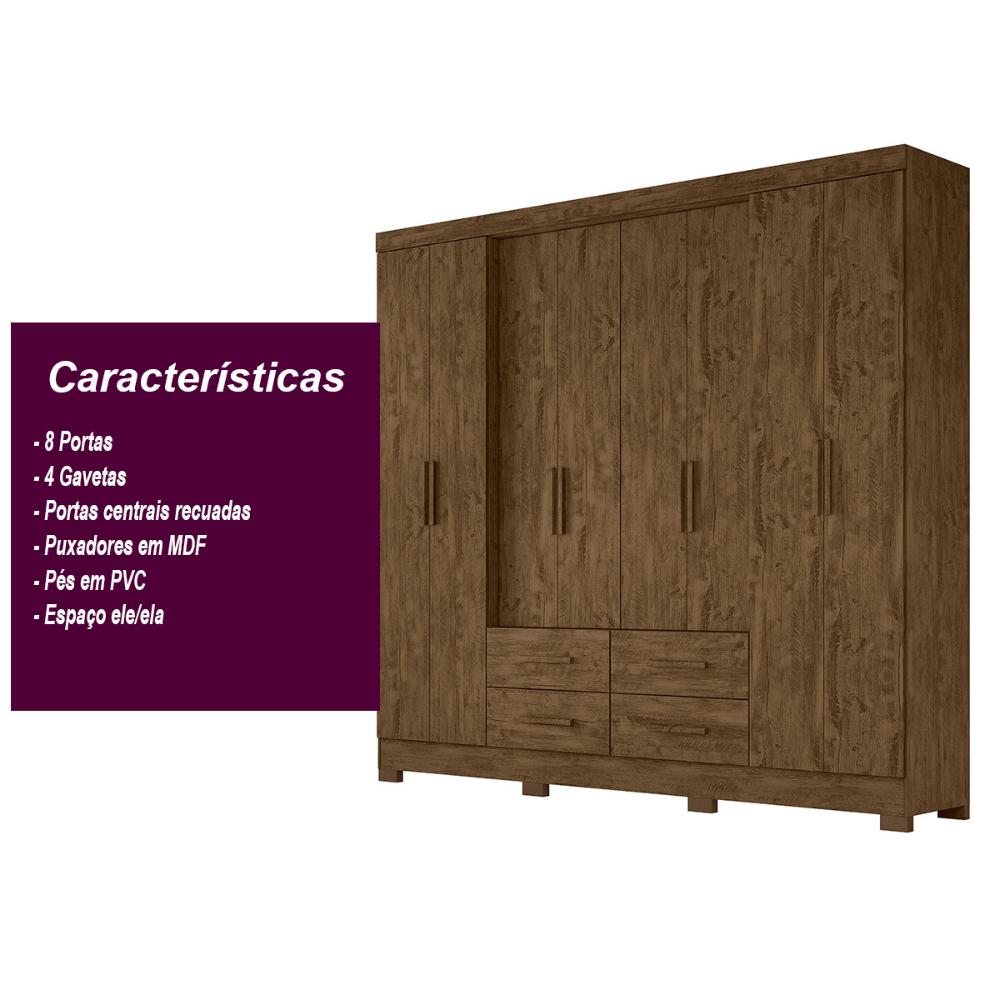 Guarda Roupa Casal 8 portas 4 gavetas Castanho Wood San Lorenzo Plus - Moval