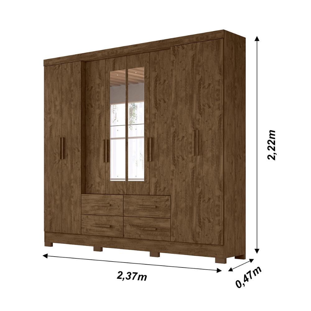 Guarda Roupa Casal 8 portas espelho 4 gavetas Castanho Wood San Lorenzo Plus - Moval