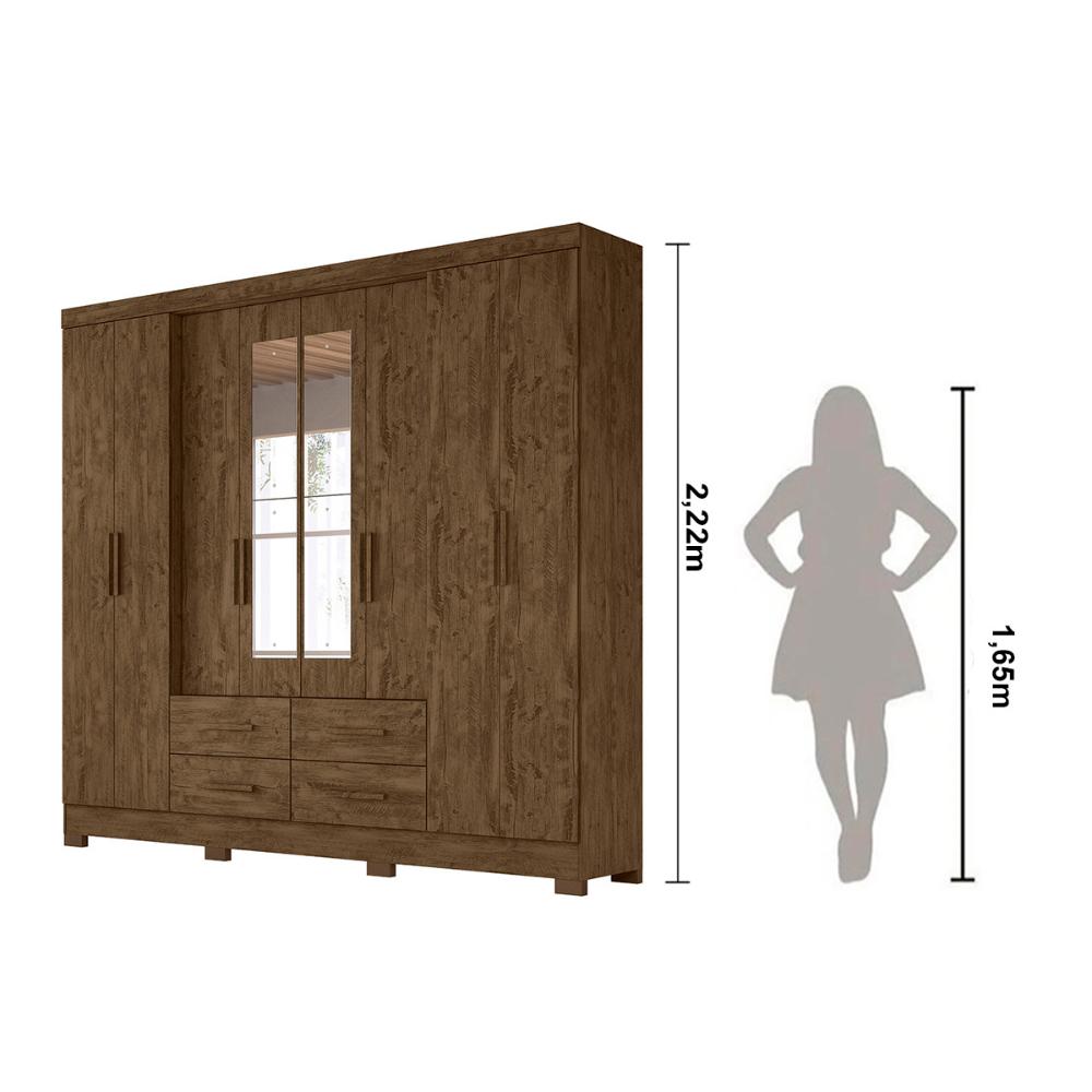 Guarda Roupa Casal 8 portas espelho 4 gavetas Castanho Wood San Lorenzo Plus - Moval
