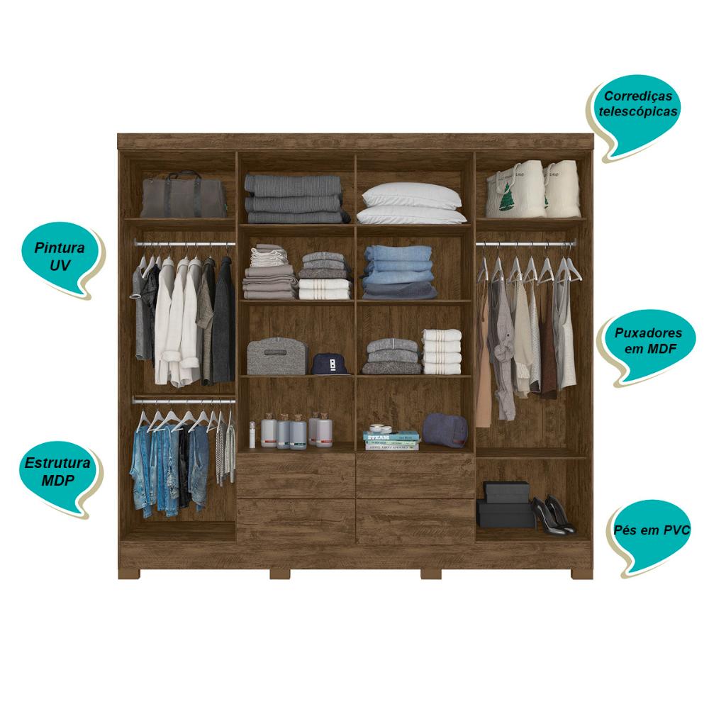 Guarda Roupa Casal 8 portas espelho 4 gavetas Castanho Wood San Lorenzo Plus - Moval