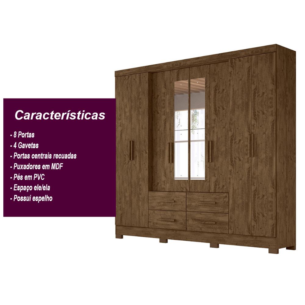 Guarda Roupa Casal 8 portas espelho 4 gavetas Castanho Wood San Lorenzo Plus - Moval