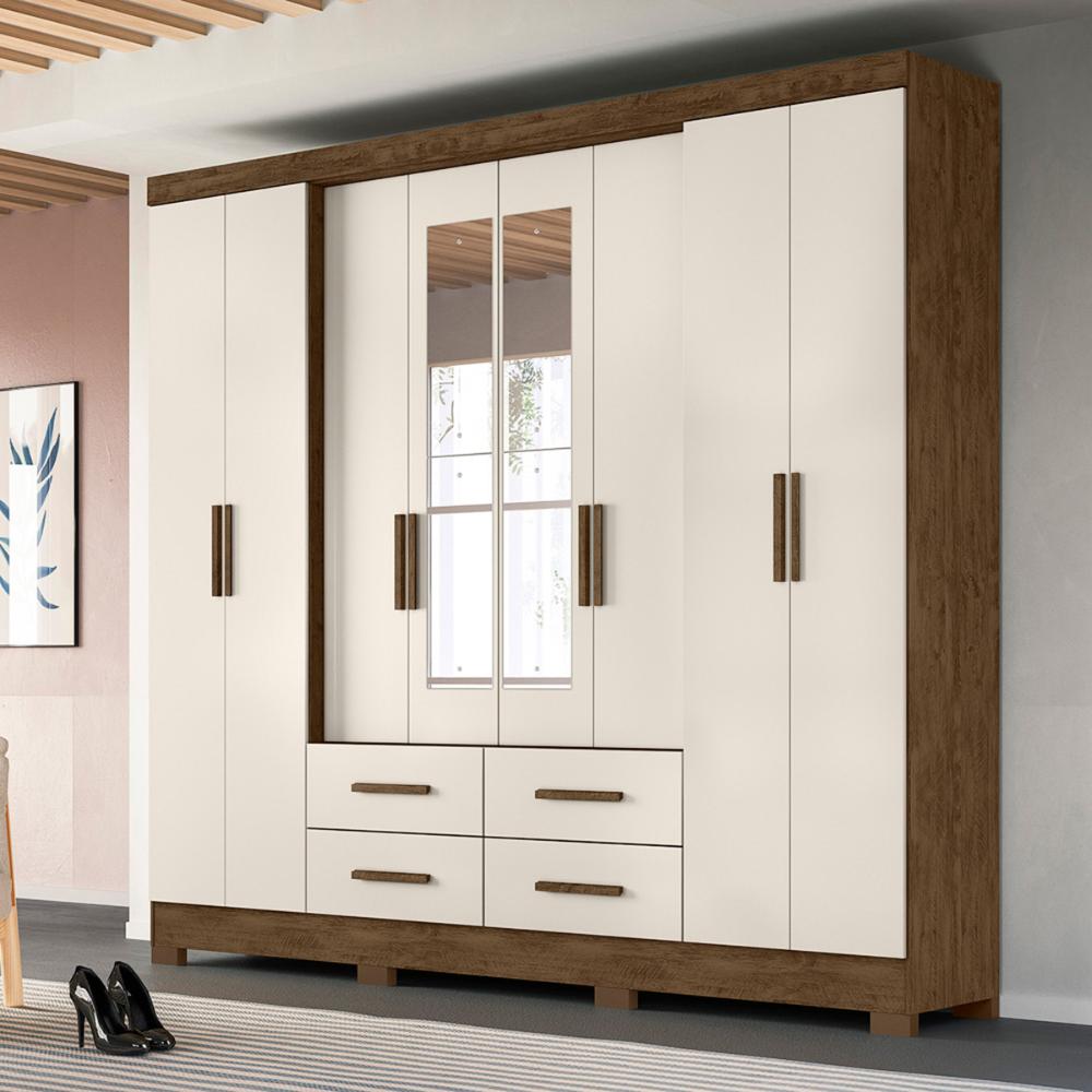 Guarda Roupa Casal 8 portas espelho 4 gavetas San Lorenzo Plus - Castanho Wood / Baunilha