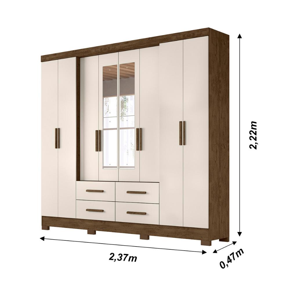 Guarda Roupa Casal 8 portas espelho 4 gavetas San Lorenzo Plus - Castanho Wood / Baunilha
